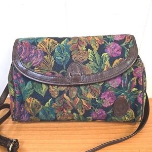 Vintage Liz Claiborne Floral Tapestry Brown Leather Trim‎ Crossbody Bag Designer